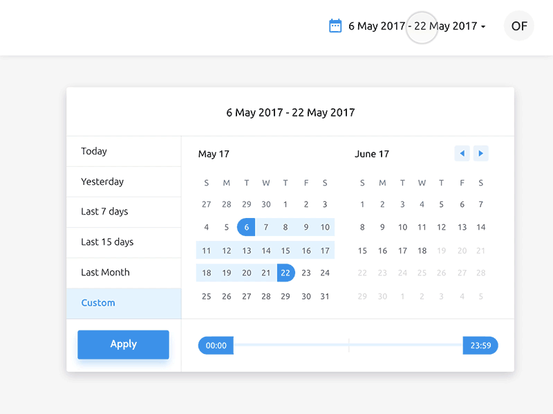 Datepicker with Time Range Slider blue calendar custom custom date range dashboard date date picker date range datepicker interaction ui ux
