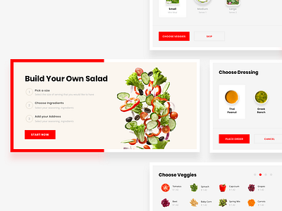 Make Your Own Salad - User Flow 🚚 cards ecommerce food food and drink food app order order management ordering red salad user user journey userflow vegetables webdesign