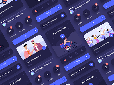 Sleep App UI Components app application mobile app store blue bike component design components ui ux icon sleep illustration vector kit library card meditate meditation play button next