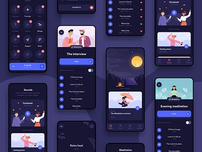 Sleep App iOS android app mobile ios bloc kit design application illustration clean minimal ios 13 meditation calm headspace night relax plant leaf character simon frouz sounds ui ux user vector sleep