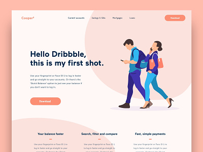 First Dribbble Shot banking app debut debut shot first shot hello dribbble illustration invites landing page design one page concept