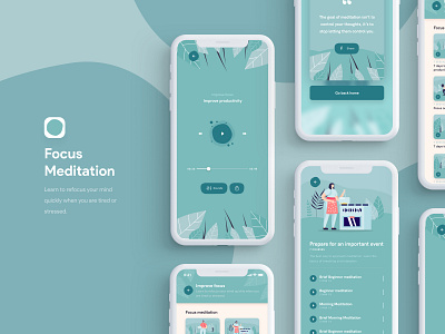 Meditation Sleep iOS App / Focus android app app store blue breathe calm color palette focus illustration ios ios 13 meditate meditation mobile music player relax song turquoise vector