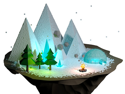 Snowy camp 3d blue c4d camp campfire cold feu fire hiver igloo illustration low mountain neige poly snow tree winter