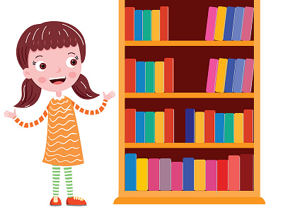 a girl near the bookshelf illustrations vector