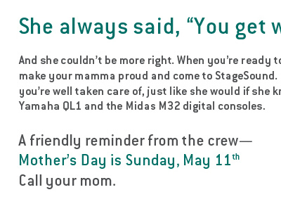 StageSound Mother's Day Ad copywriting typography