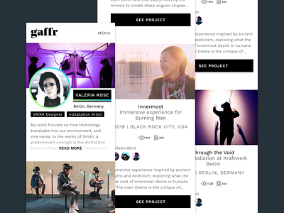 Gaffr || Network for creatives || || User profile mobile view product design uidesign vr web design