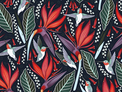 Hummingbirds Pattern colorful digital art flowers folk art hummingbird illustration illustrator leaves pattern pattern design print surface pattern design vector illustration