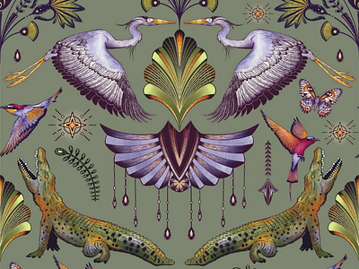 Mystical Nile Pattern art deco art licensing crocodile drawing elegant heron illustration illustrator line art mystical pattern procreate procreate illustration surface pattern design