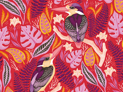 Exotic Kingfishers adobe fresco art licensing colorful freelance illustrator hot pink illustration kingfisher new zealand pattern pattern designer repeat pattern seamless pattern surface pattern design