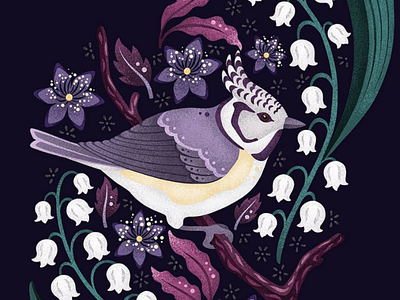 Crested Tit animal art licensing bird brushes cute dark floral flowers fresco illustration leaves texture vector