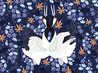 Japanese Cranes adobe fresco art licensing botanical art botanical illustration flowers illustration japan japanese art leaves pattern surface pattern design texture