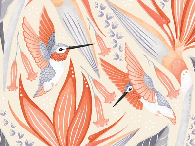 Hummingbirds in a creamy colorway adobe fresco art licensing birds botanical illustration color palette flowers folkart folklore hummingbirds illustration surface pattern design texture vector art