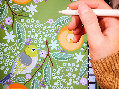 Waxeyes WIP adobe fresco birds botanical pattern drawing floral flowers hand drawn illustration illustrator ipad illustration pattern surface pattern design