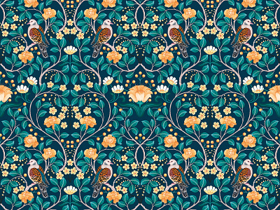 Turtle Doves Pattern - Emerald art licensing birds botanical colorful colors doves floral flowers green illustration illustrator leaves pattern surface pattern design symmetry texture turtle doves