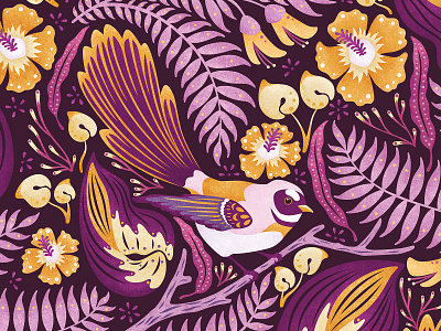 Fantail adobe fresco art art licensing birds botanical colorful colors digital illustration fantail floral print flowers illustration illustrator leaves new zealand design new zealand illustrator pattern surface pattern design texture vector art