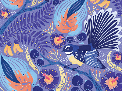 Fantails art birds brushes design flowers graphic design illustration nature new zealand pattern purple texture