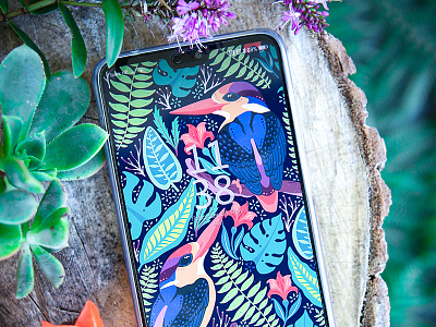 Mobile device and nature art birds design flora foliage graphic design huawei p20 pro illustration kingfishers mobile device nature pattern