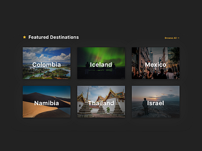 Featured Destinations cards dark destinations grid minimal places tiles travel ui web
