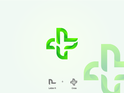 Logo R and Cross Health brand concept cross gradient green health hospital logo medical r