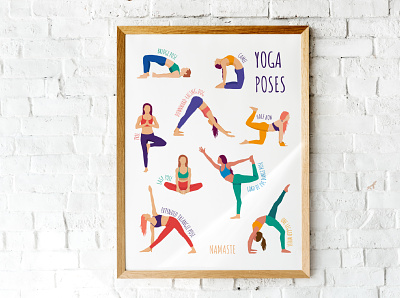 Yoga poses active banner color coloring design flat illustration nature poses poster simple sport vector wall art yoga