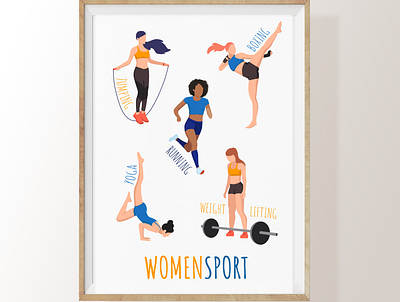 Woman sport poster coloring design flat illustration poster simple sport vector woman