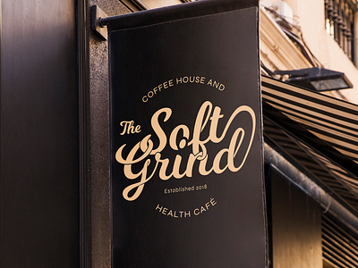 The Soft Grind logo - on banner banner banner design banner mockup brand design branding branding design coffee coffee shop coffeeshop design designs dribbble graphic design graphicdesign logo logo design logodesign logos mockup mockups