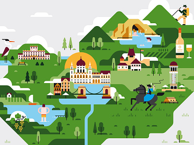 Hungary airline castle city editorial hiking holidays illustration lake lufthansa map sightseeing spring travel vector wine