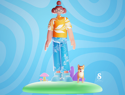 Girl With Her Happy Dog 3d blender graphics design illustration minimalist