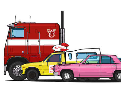 G1 Optimus Prime, Pizza Planet truck and Homer Simpson`s car ai freightliner illustration illustrator optimus prime simpsons toyota hilux transformers vector