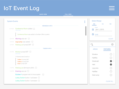 Event log, Energy usage, & Utility load shedding concept app iot ui ux