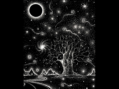 Dotspace dotwork illustration inkwork isograph night sky rotring starry night stars stipple art surrealism white ink