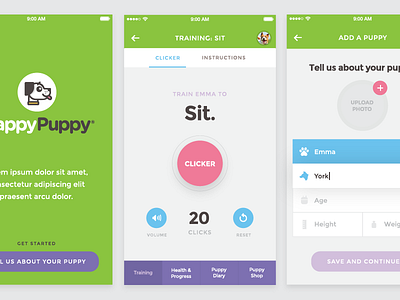 Happy Puppy App Screens app colorful design dog flat happy material puppy ui ux