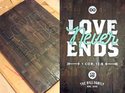 Love Never Ends bible verse family fifth anniversary home infinity love paint sign typography wood