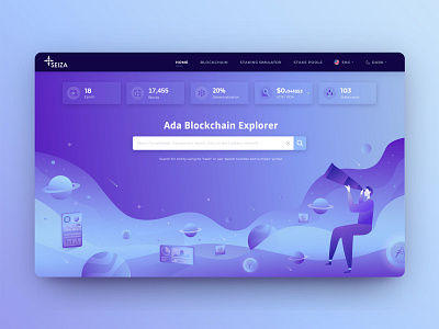 Blockchain explorer. Seiza block explorer blockchain cardano illustration space start page ui vector web design website