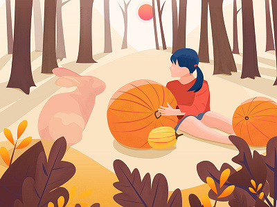 Little girl and rabbit autumn girl illustration