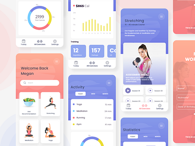 Fitness app app branding colors creative design fitness fitness app health healthy food homepage illustration interaction design ios typography vector workout workout app
