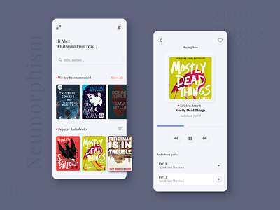 Audiobook application audiobook book book cover homepage interaction design iosapp neumorphism player sketch skeumorphism trends typography uiux design