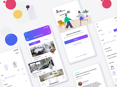 Roommates app application banner colorful creative finder illustration iosapp mobile ui mobileappdesign neumorphism roommates trendy