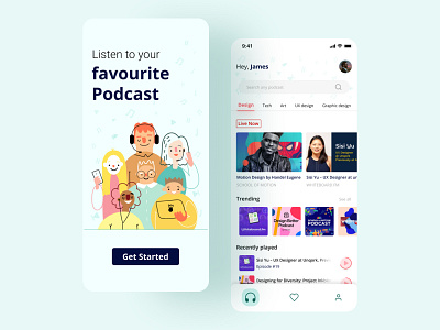 Podcast App app design appconcept audio blues figma green greens himachal illustrations india minimal minimalistic music podcast podcast app podcasts reds uidesign uxui visual design