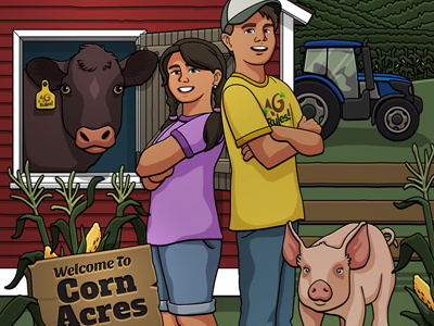 Corn Acres corn cow farm illustration kids pig tractor