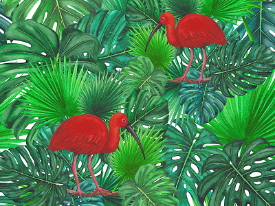 Scarlet Ibis bird bush exotic jungle monstera palm paradise pattern textile tropical tropics watercolor