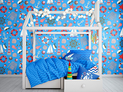 Marine wallpaper and textile design, kid`s room interior.