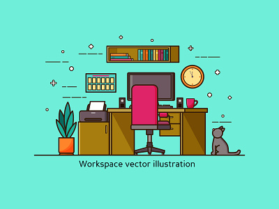 Workplace And Cat Line Art Colorful colorful design flat home office illustration interior line art linear vector work desk work place work space