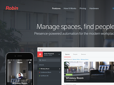 Manage spaces, find people banner dashboard hero marketing mobile robin showcase