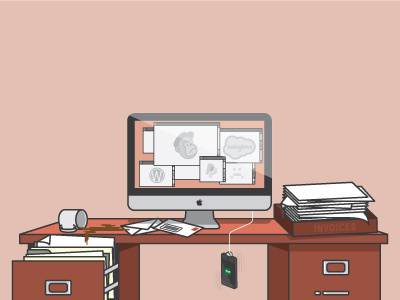 Messy coffee desk icon illustration mail red technology workspace