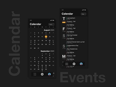 Calendar Application Screen app black calendar clean concept dark design interface ios iphone ui ux