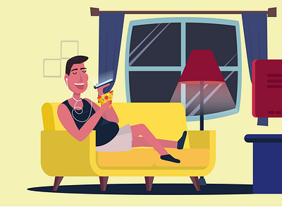 pizza man eating illustration livingroom pizza talking tv watching