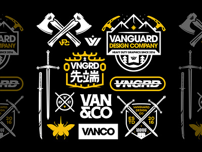 Vanguard Brand Bundle apparel badge brand brand identity brand logo branding design designer flash identity logo logo design merch mountain outdoors patch sword typography vanguard