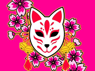 Kitsune Mask with Sakura Flowers cherry blossoms fox illustration japan kitsune kitsune mask mask sakura sakura flowers vector