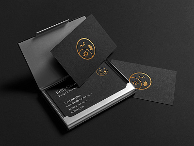 Kelly Carnes Business Cards brand identity business card collateral gold foil logo matte black white ink